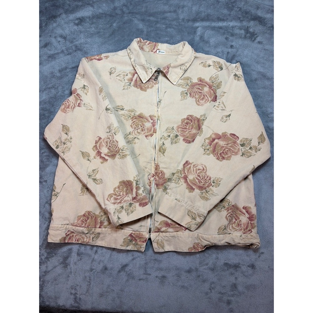 Vintage Garron Floral Rose Print Zip Up Jacket Cream Pink Cottagecore Large